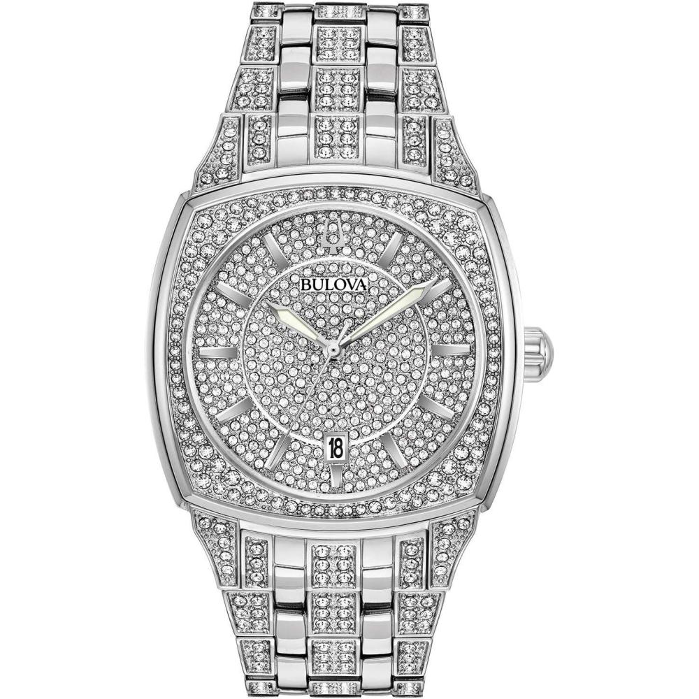 imageBulova Mens Crystal Phantom 3Hand Date Quartz Cushion Shaped Case Watch Pave Crystal Dial 40mmStainless Steel