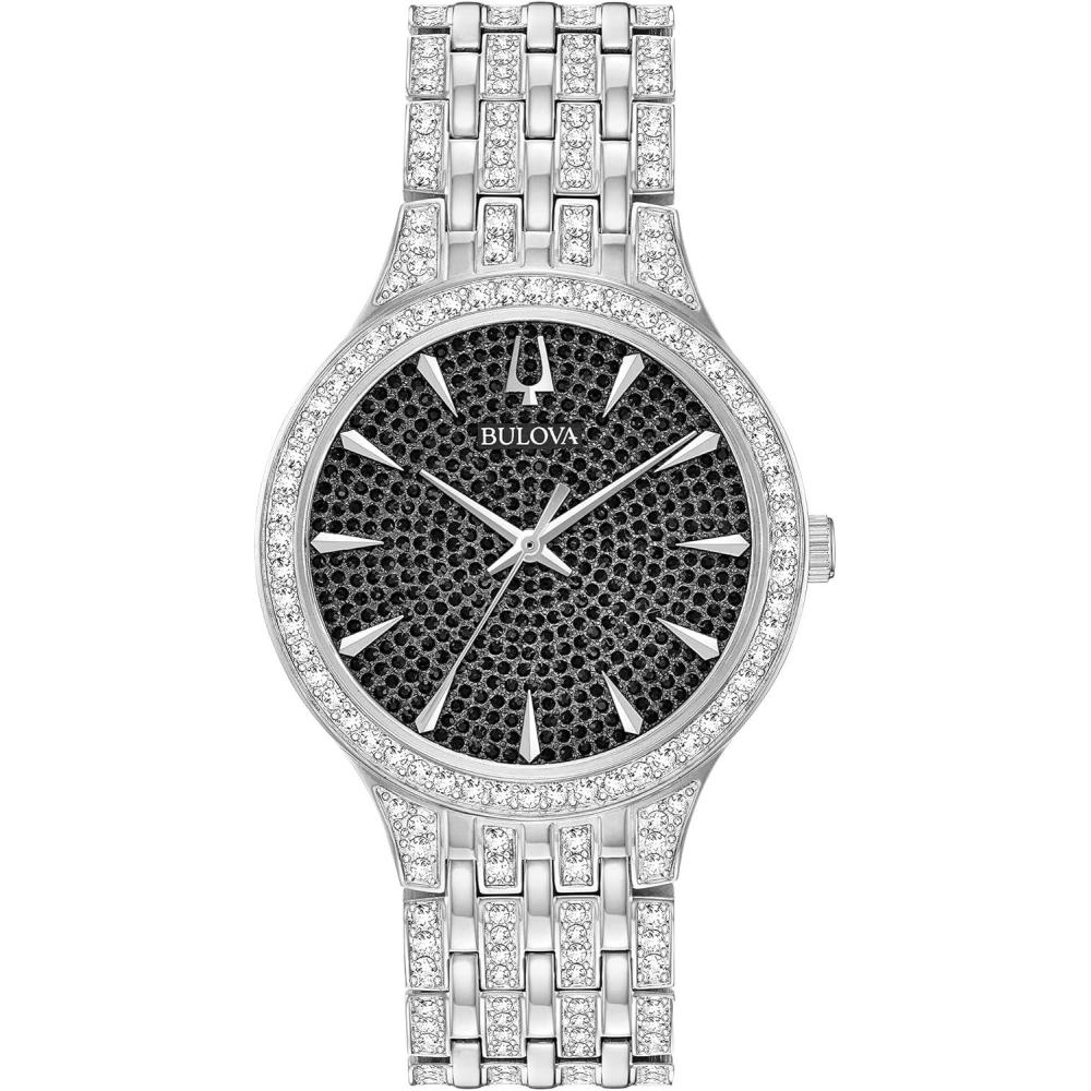 imageBulova Mens Crystal Phantom Stainless Steel 3Hand Quartz Watch Black Dial Style 96A227