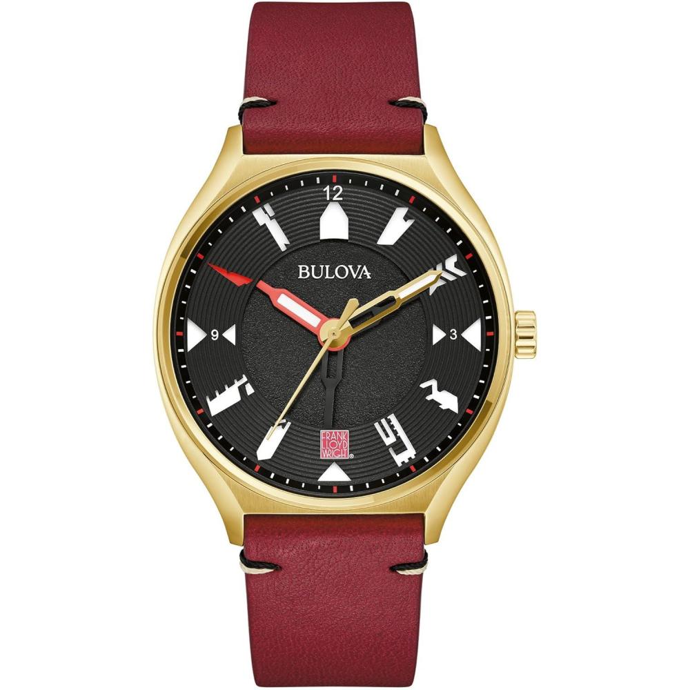 imageBulova Mens Frank Lloyd Wright Automatic USONIA Style Gold Stainless Steel Case and Burgundy Leather Strap Watch 3Hand Quartz Style97A192