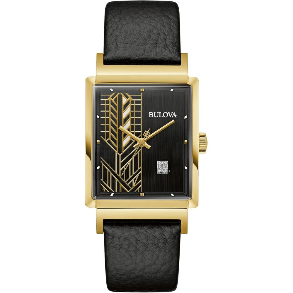 imageBulova Mens Frank Lloyd Wright DanaThomas House GoldTone Stainless Steel Leather Strap Watch
