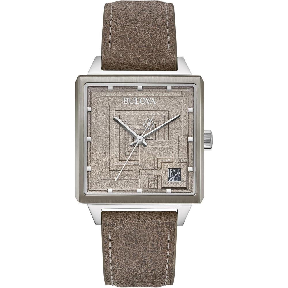 imageBulova Mens Frank Lloyd Wright Limited Edition Ennis House Silver Stainless Steel Watch Grey Leather Strap Watch Textured Medallion Grey Pattern Dial 3 Hand Model 96A314