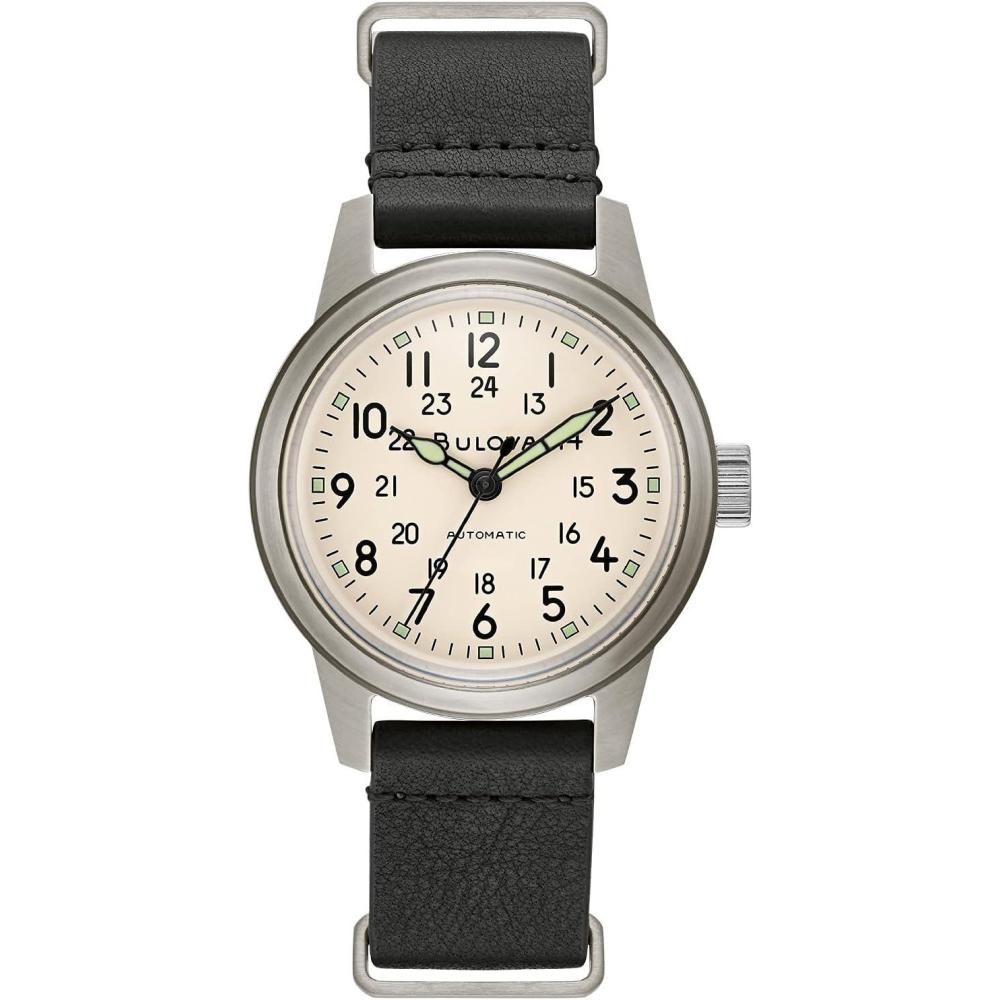 imageBulova Mens Military Heritage Hack Stainless Steel 3Hand Automatic Watch NATO Leather Strap Luminous Hands and Markers Black LeatherIvory Dial