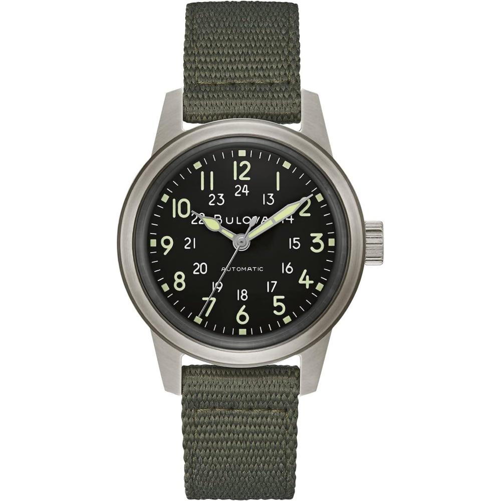 imageBulova Mens Military Heritage Hack Veterans Watchmaking Initiative Watch in Stainless Steel with 3Hand Automatic Black NATO Leather Strap Style 96A259
