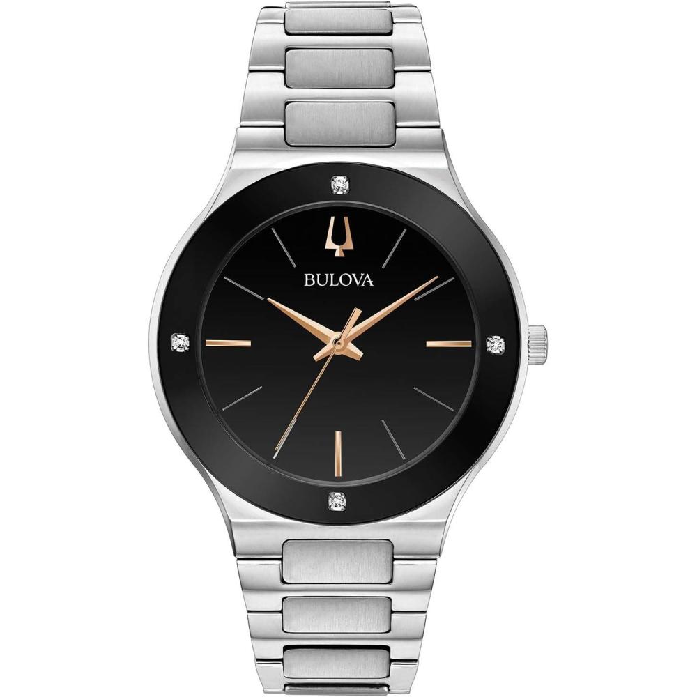 imageBulova Mens Modern Millenia 3Hand Quartz Watch EdgetoEdge Crystal with DiamondsStainless SteelBlack Dial