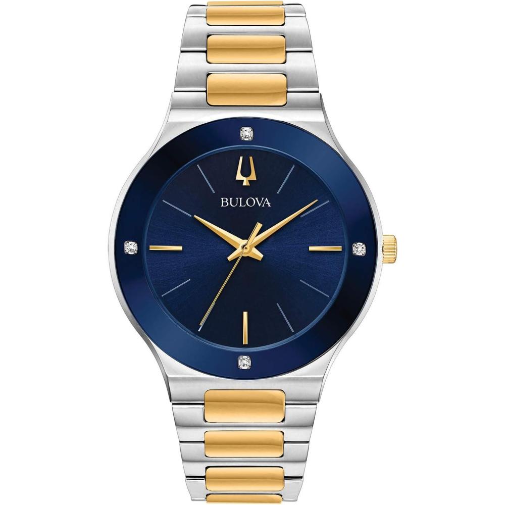 imageBulova Mens Modern Millenia 3Hand Quartz Watch EdgetoEdge Crystal with DiamondsTwoTone GoldBlue Dial