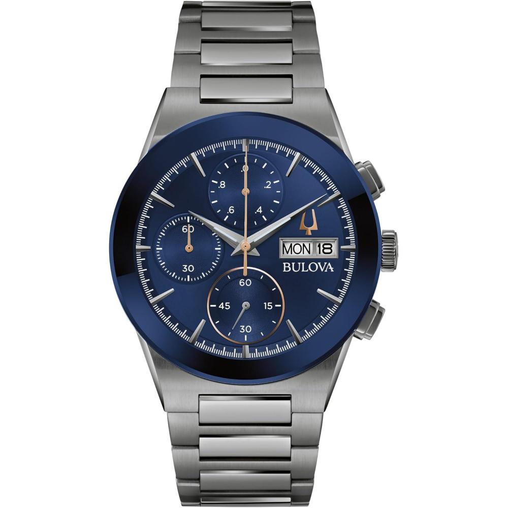imageBulova Mens Modern Millenia Chronograph 6Hand Quartz Stainless Steel Watch DayDate Edge to Edge Crystal 41mmGrey IP Blue