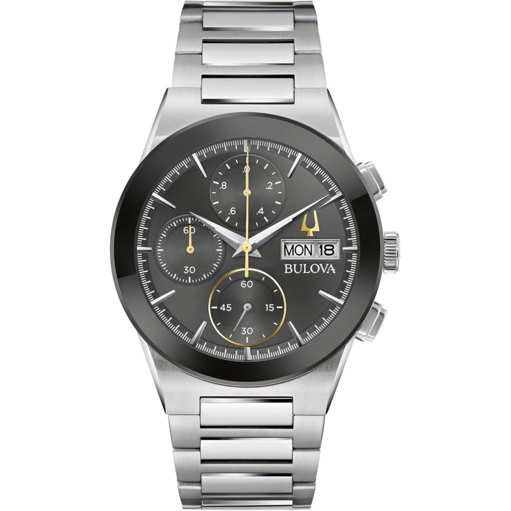 imageBulova Mens Modern Millenia Chronograph 6Hand Quartz Stainless Steel Watch DayDate Edge to Edge Crystal 41mmSilverBlack