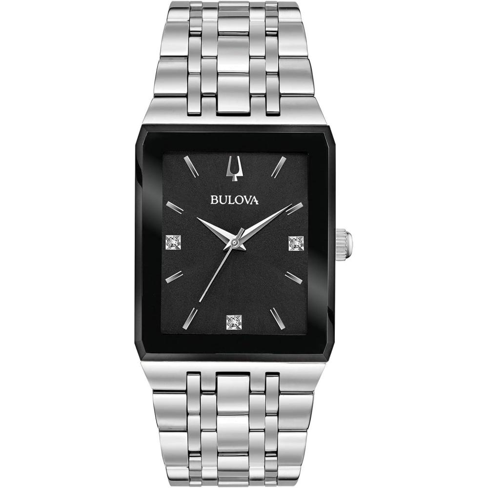 imageBulova Mens Modern Quadra Stainless Steel 3Hand Quartz Watch Diamond DialStainless SteelBlack Dial