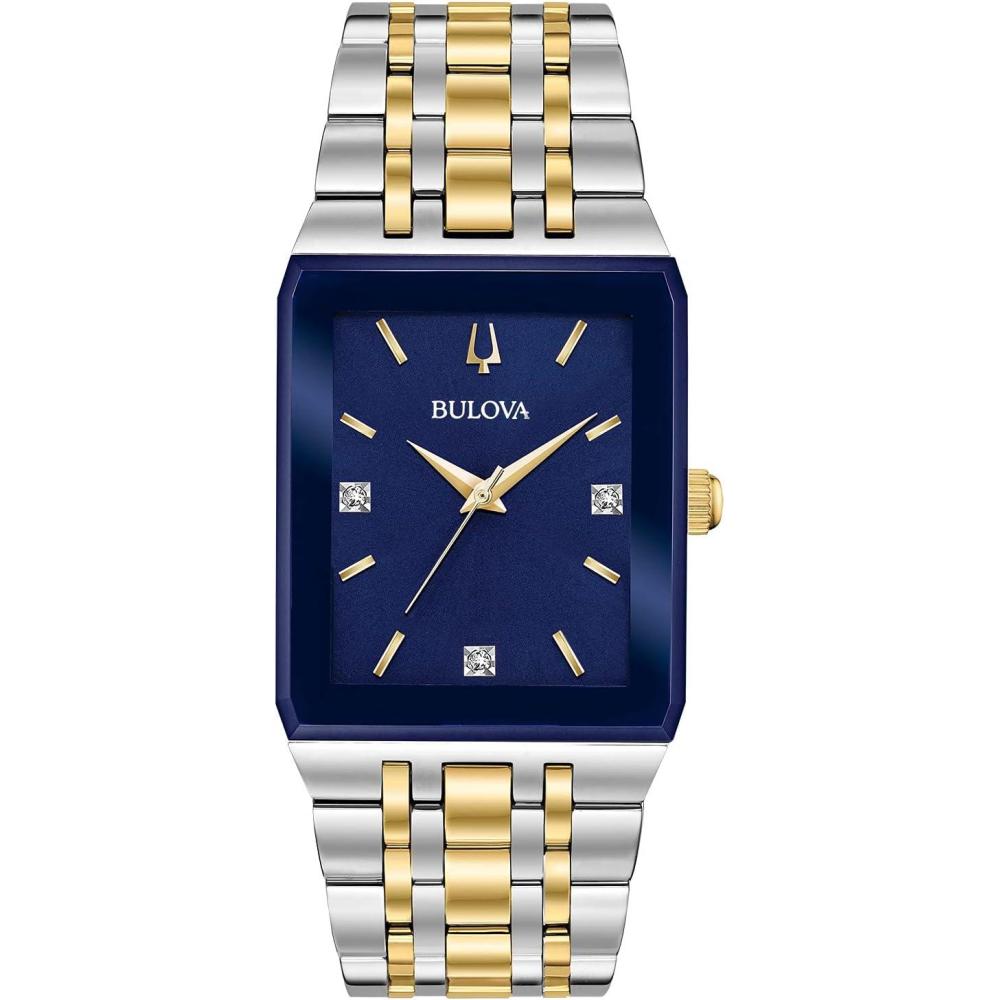 imageBulova Mens Modern Quadra Stainless Steel 3Hand Quartz Watch Diamond DialTwoTone GoldBlue Dial