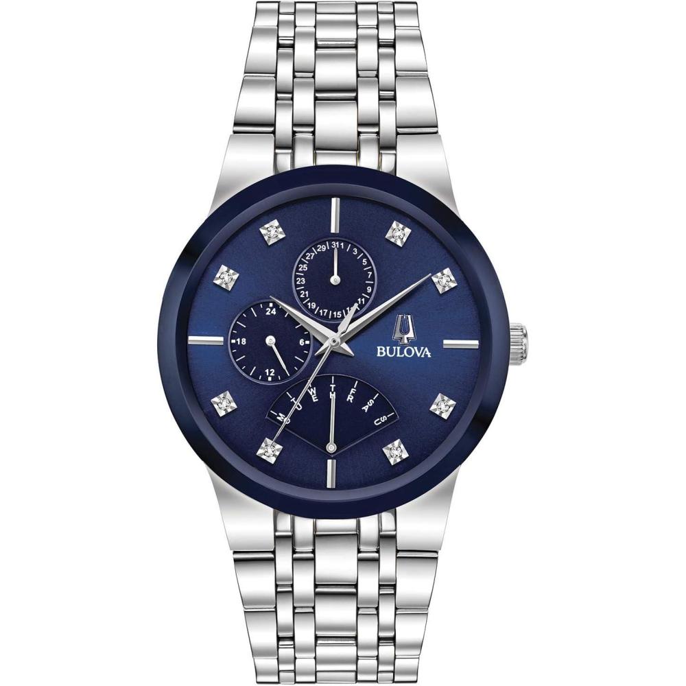 imageBulova Mens MultiFunction 3Hand Quartz Watch with Diamond Dial Edge to Edge CrystalStainless Steel Blue Dial