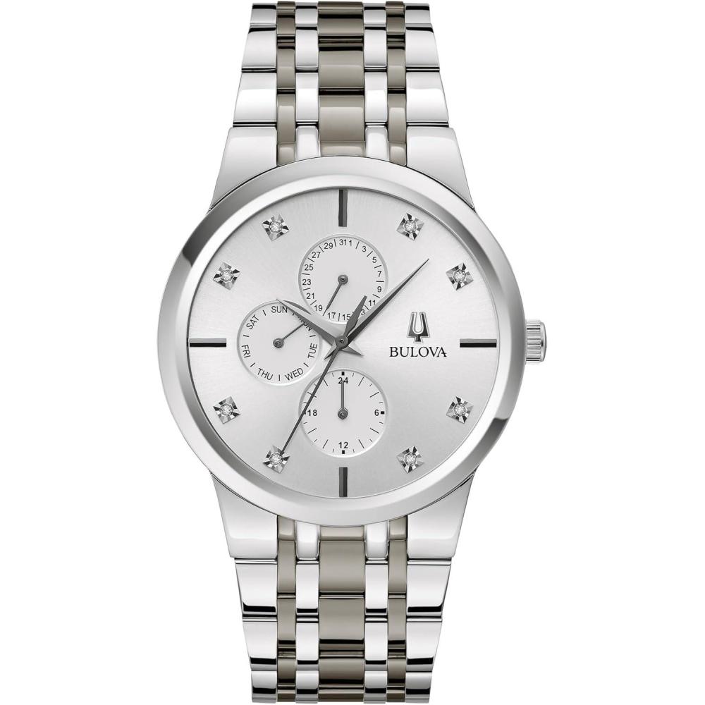 imageBulova Mens MultiFunction 3Hand Quartz Watch with Diamond Dial Edge to Edge CrystalStainless Steel Silver Dial