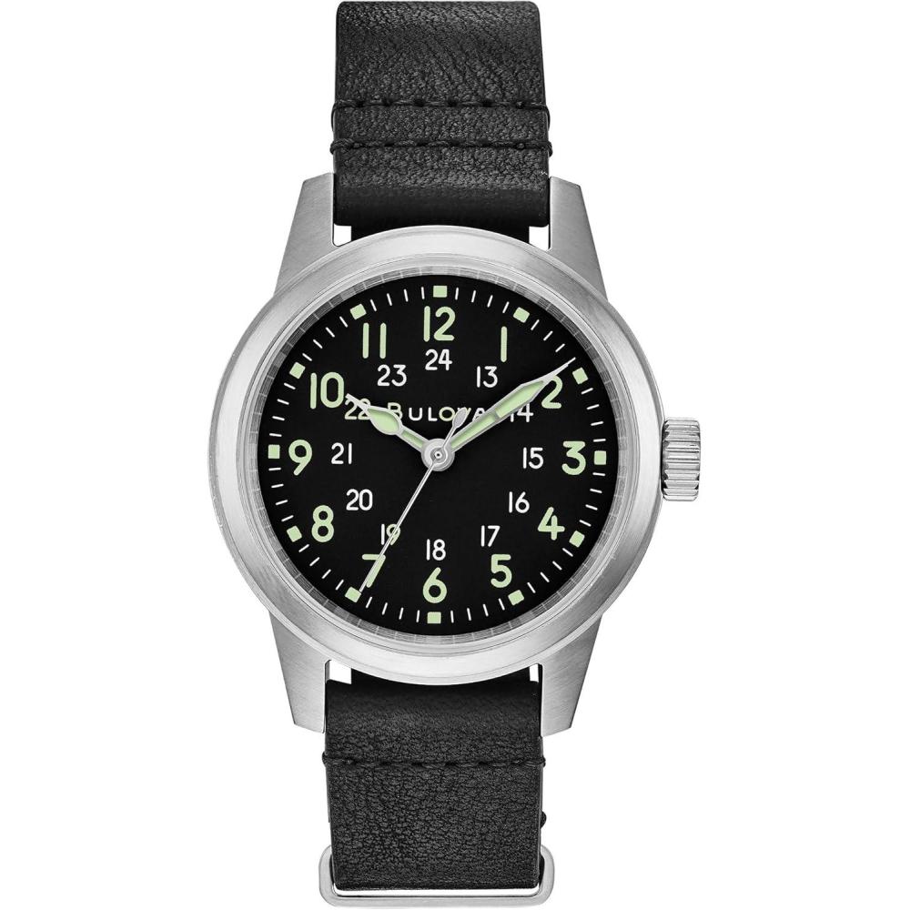 imageBulova Milatary Hack 3 Hand Quartz Watch Black Dial and Black Leather NATO Strap Model96A219