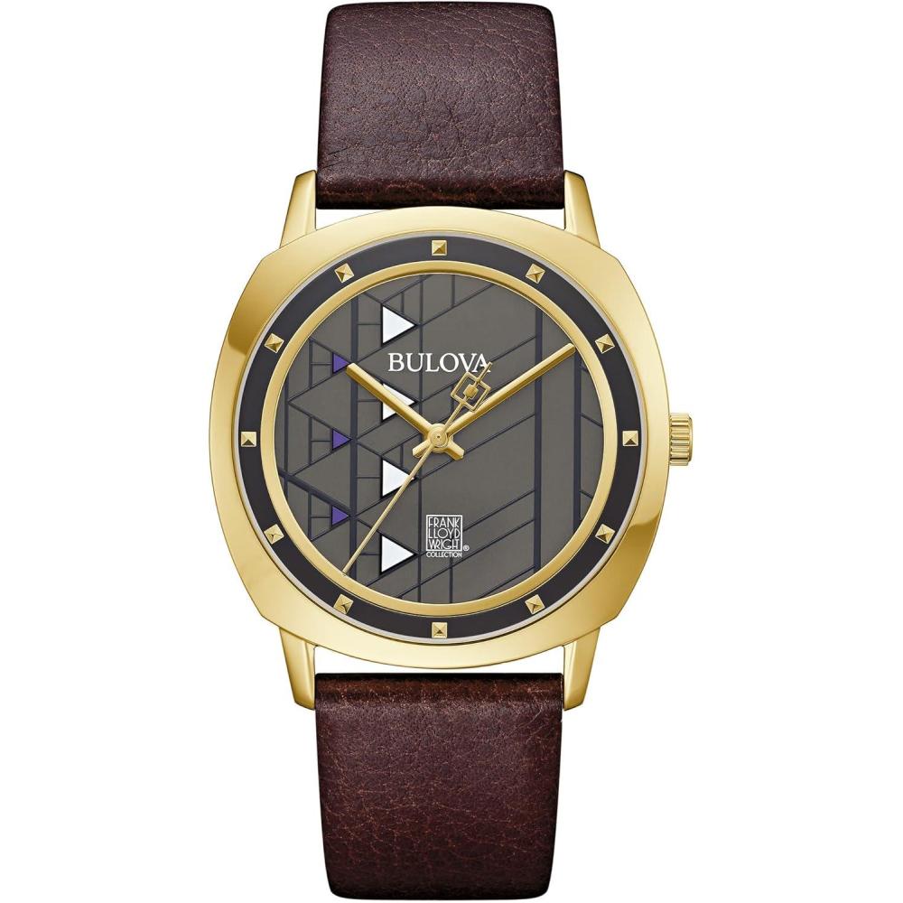 imageBulova mens Frank Lloyd Wright Hollyhock House Gold Tone Stainless Steel 3Hand Quartz Brown Leather Strap Style 97A173