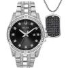 Bulova Men’s Crystal Accented Gift Set with 3-Hand Date Quartz Watch and Dog Tag Box Chain Necklace(Stainless/Black)