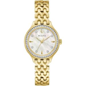 Bulova Ladies’ Classic Crystal Gold Stainless Steel 3-Hand Quartz Watch, Mother of Pearl Dial(Gold Tone/ White Mother-of-Pearl)