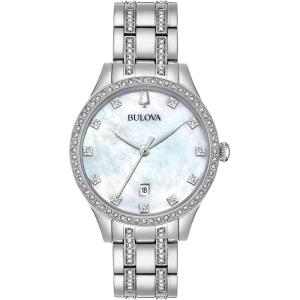 Bulova Ladies’ Classic Crystal Stainless Steel 3-Hand Quartz Watch, White Mother-of-Pearl Dial Style: 96M144