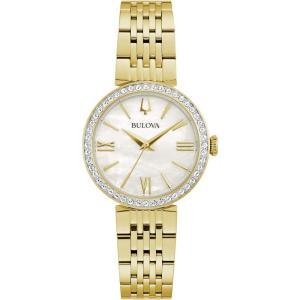 Bulova Ladies’ Classic Crystal Stainless Steel 3-Hand Quartz Watch, White Mother-of-Pearl Dial(Gold-Tone)