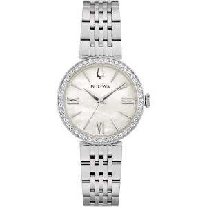 Bulova Ladies’ Classic Crystal Stainless Steel 3-Hand Quartz Watch, White Mother-of-Pearl Dial(Stainless Steel)