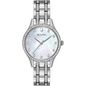 Bulova Ladies’ Crystal Accented Gift Set with 3-Hand Quartz Watch and Flexible Bangle Bracelets, Mother-of-Pearl Dial(Stainless)