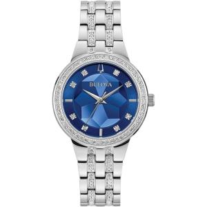 Bulova Ladies’ Crystal Phantom 3-Hand Quartz Watch, Faceted Mineral Glass Dial(Stainless/Blue Dial)