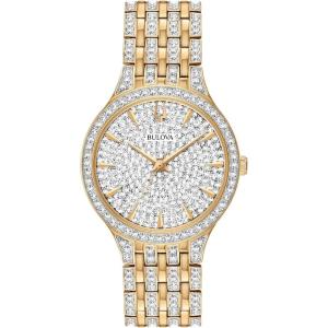 Bulova Ladies’ Crystal Phantom Gold Tone Stainless Steel 2-Hand Quartz Watch, 440 Crystals and Pave Dial Style: 98L263