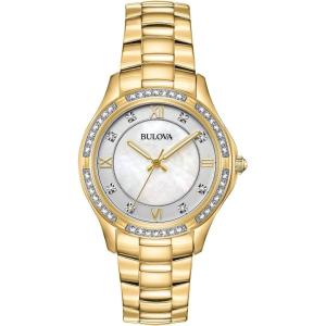 Bulova Ladies’ Crystal Stainless Steel 3-Hand Quartz Watch, White Mother-of-Pearl Dial(Gold)