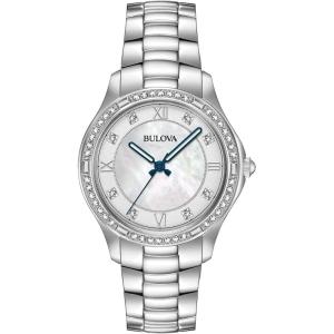 Bulova Ladies’ Crystal Stainless Steel 3-Hand Quartz Watch, White Mother-of-Pearl Dial(Silver)