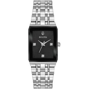 Bulova Ladies’ Modern Quadra Diamond Dial Stainless Steel 3-Hand Quartz Watch, Black Dial Style: 96P202
