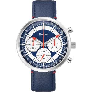 Bulova Men’s Archive Series ‘Chronograph C’ 6-Hand Chronograph High Performance Quartz Stainless Steel Watch with Blue Leather Strap Style: 96A283