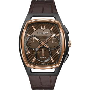 Bulova Men’s CURV High Performance Quartz Black and Rose Gold-Tone Stainless Tonneau Shape Case,Brown Leather Strap Watch, 5-Hand Chronograph, Sapphire Crystal Style: 98A264