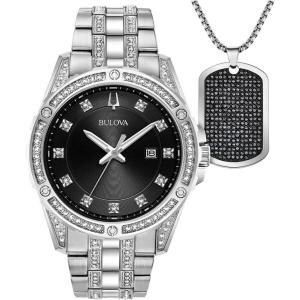 Bulova Men’s Crystal Accented Gift Set with 3-Hand Date Quartz Watch and Dog Tag Box Chain Necklace(Stainless/Black)