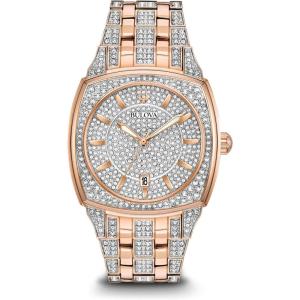 Bulova Men’s Crystal Phantom 3-Hand Date Quartz Cushion Shaped Case Watch, Pave Crystal Dial, 40mm(Rose Gold)