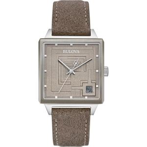 Bulova Men’s Frank Lloyd Wright Limited Edition ‘Ennis House’ Silver Stainless Steel Watch, Grey Leather Strap Watch, Textured Medallion Grey Pattern Dial, 3 Hand (Model: 96A314)