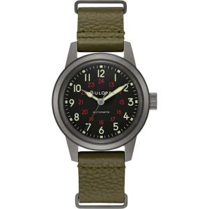 Bulova Men’s Military Heritage Hack Stainless Steel 3-Hand Automatic Watch, NATO Leather Strap, Luminous Hands and Markers(Green Leather/Black Dial)
