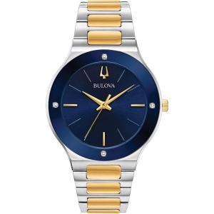 Bulova Men’s Modern Millenia 3-Hand Quartz Watch, Edge-to-Edge Crystal with Diamonds(Two-Tone Gold/Blue Dial)