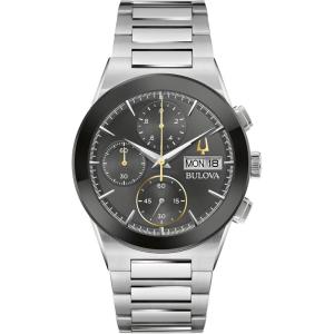 Bulova Men’s Modern Millenia Chronograph 6-Hand Quartz Stainless Steel Watch, Day/Date, Edge to Edge Crystal, 41mm(Silver/Black)