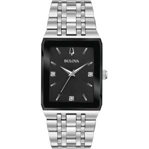 Bulova Men’s Modern Quadra Stainless Steel 3-Hand Quartz Watch, Diamond Dial(Stainless Steel/Black Dial)