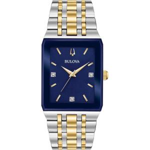 Bulova Men’s Modern Quadra Stainless Steel 3-Hand Quartz Watch, Diamond Dial(Two-Tone Gold/Blue Dial)