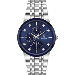 Bulova Men’s Multi-Function 3-Hand Quartz Watch with Diamond Dial, Edge to Edge Crystal(Stainless Steel/ Blue Dial)
