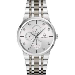 Bulova Men’s Multi-Function 3-Hand Quartz Watch with Diamond Dial, Edge to Edge Crystal(Stainless Steel/ Silver Dial)
