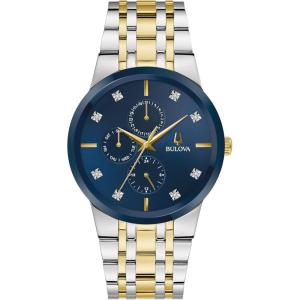 Bulova Men’s Multi-Function 3-Hand Quartz Watch with Diamond Dial, Edge to Edge Crystal(Two Tone Gold/Blue Dial)