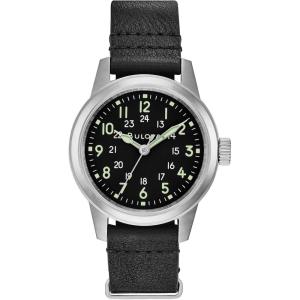Bulova Milatary Hack 3 Hand Quartz Watch, Black Dial and Black Leather NATO Strap, (Model:96A219)