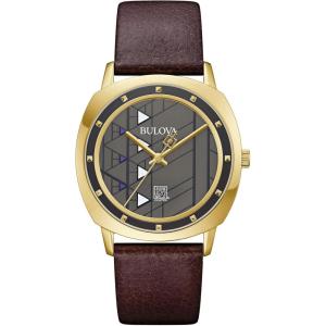 Bulova mens Frank Lloyd Wright Hollyhock House Gold Tone Stainless Steel 3-Hand Quartz, Brown Leather Strap Style: 97A173