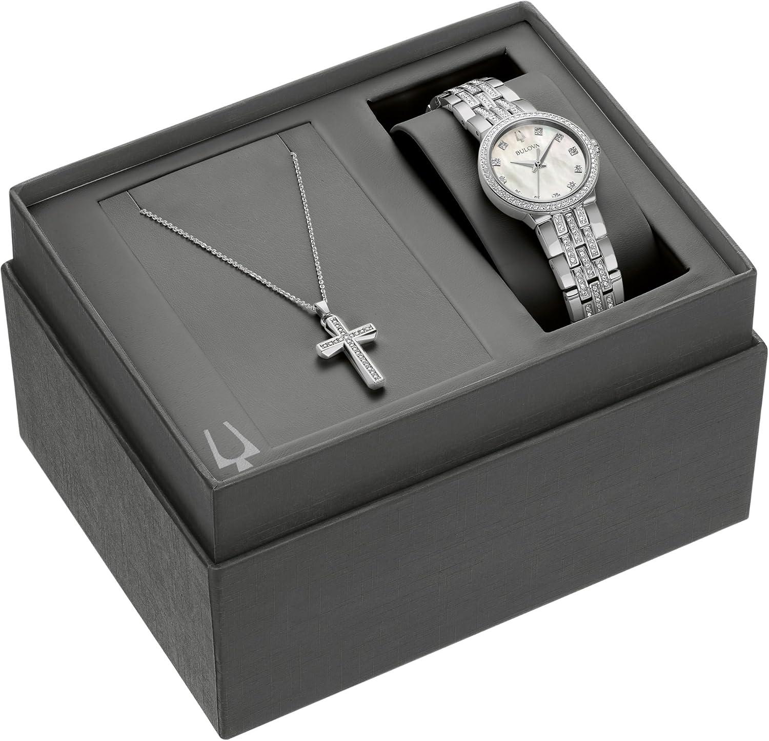 imageBulova Ladies Crystal Stainless Steel Box Set with White MotherofPearl Dial 3Hand QuartzWatch and Cross Crystal PendantNecklace 30mm Style96X163