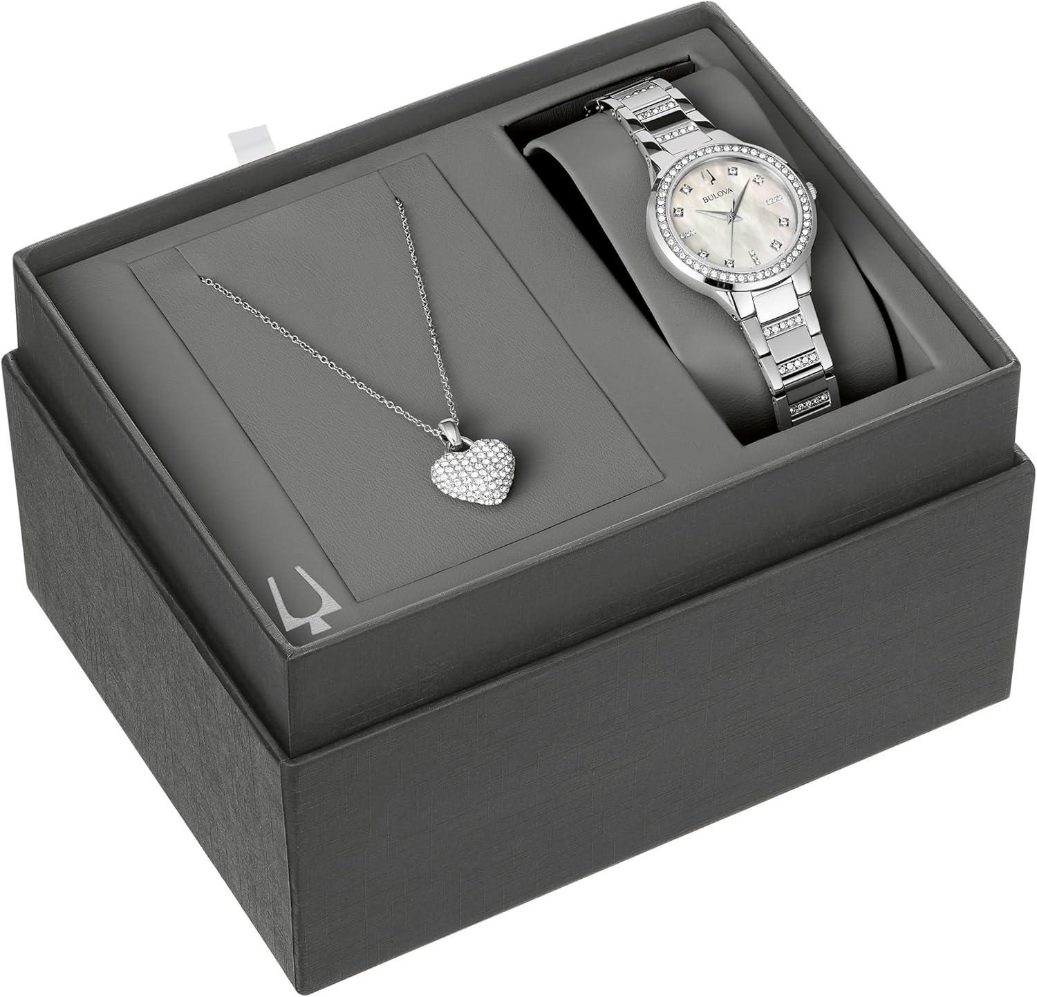 imageBulovaLadies Crystal Stainless Steel Box Set with White MotherofPearl Dial 3Hand QuartzWatch and Heart CrystalPendantNecklace 30mm Style 96X162