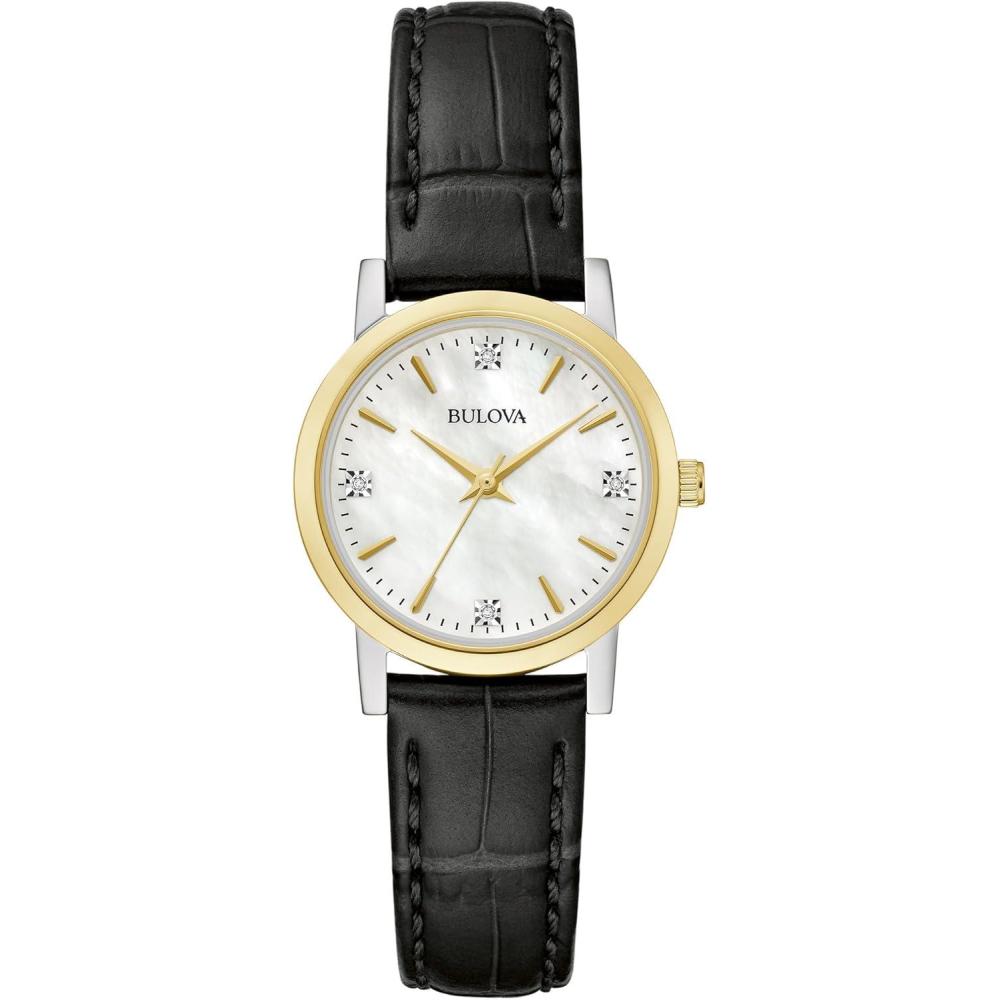 imageBulova Classic Quartz Ladies Watch Stainless Steel DiamondBlack Leather Strap MotherofPearl Dial