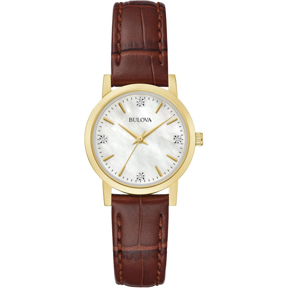 imageBulova Classic Quartz Ladies Watch Stainless Steel DiamondBrown Leather Strap MotherofPearl Dial