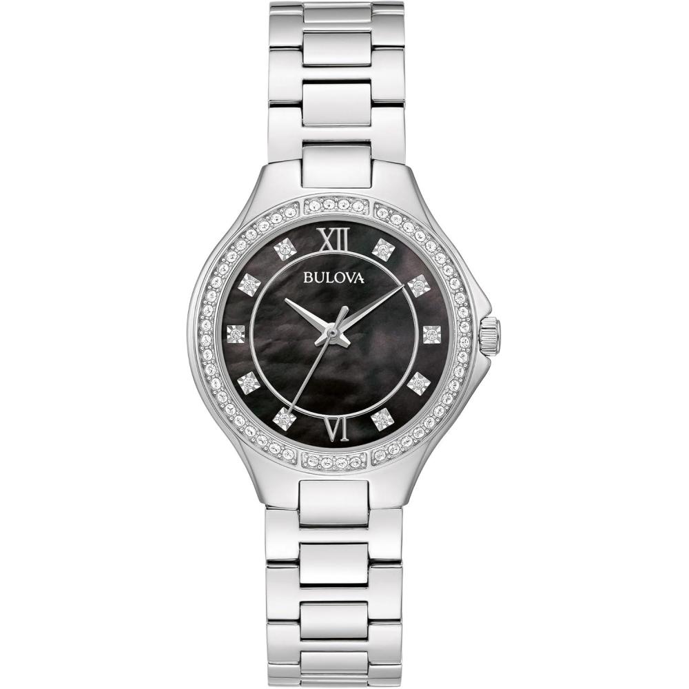 imageBulova Ladies Quartz Dress Classic Watch SilverTone Stainless Steel Bracelet Black Dial Style 96L300