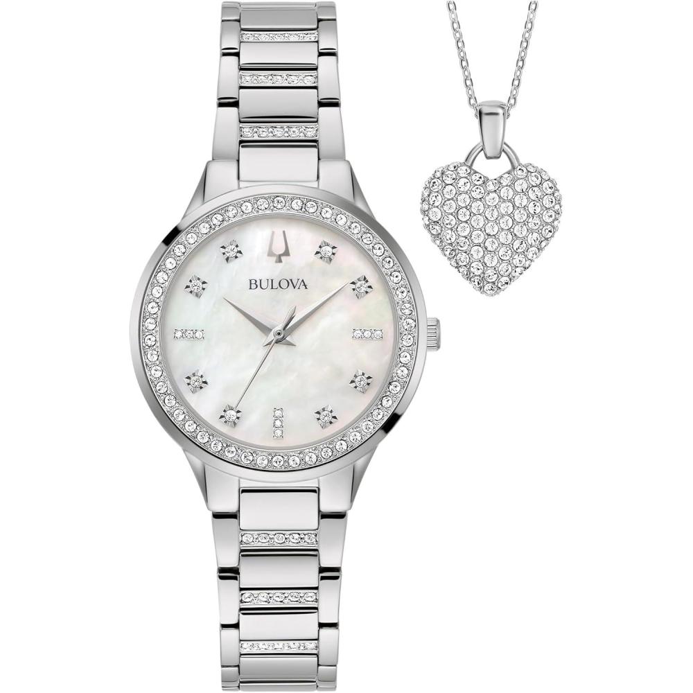 imageBulovaLadies Crystal Stainless Steel Box Set with White MotherofPearl Dial 3Hand QuartzWatch and Heart CrystalPendantNecklace 30mm Style 96X162