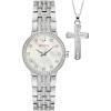 Bulova Ladies’ Crystal Stainless Steel Box Set with White Mother-of-Pearl Dial 3-Hand Quartz-Watch and Cross Crystal Pendant-Necklace, 30mm Style:96X163
